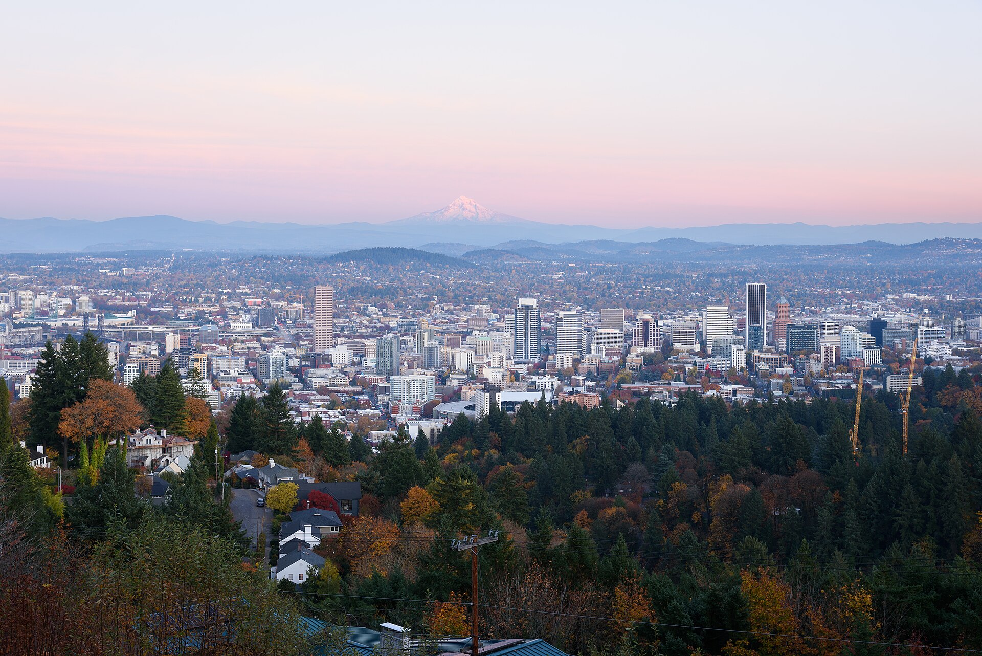 Downtown Portland and Mount Hood at dusk from Pittock Mansion viewpoint